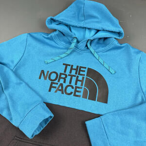 North Face Hoodie Mens 2XL Teal/Turquoise Black Big Chest Hit Logo All Poly
